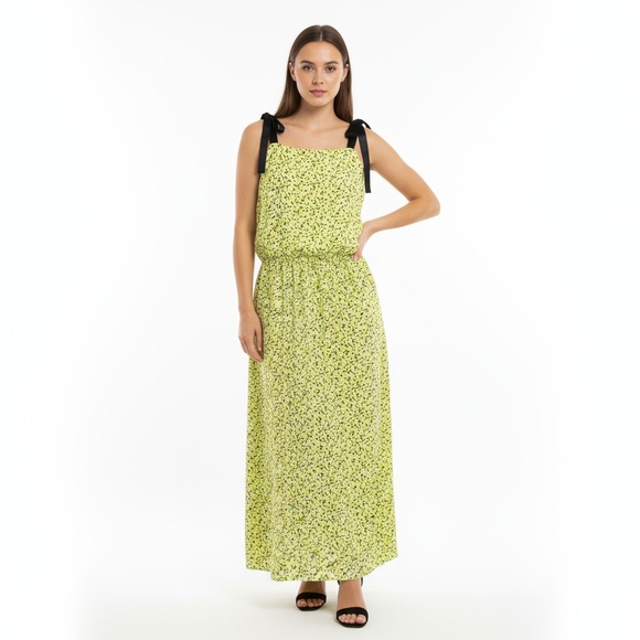 Topshop Lime Green Floral Print Tie-Shoulder Maxi Dress Size 6 - Picture 1 of 12